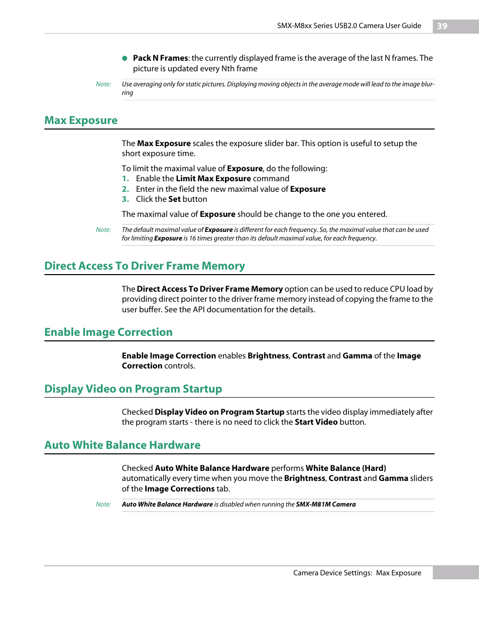 Max exposure, Direct access to driver frame memory, Enable image correction | Display video on program startup, Auto white balance hardware | Micron Technology USB Camera User Manual | Page 43 / 90