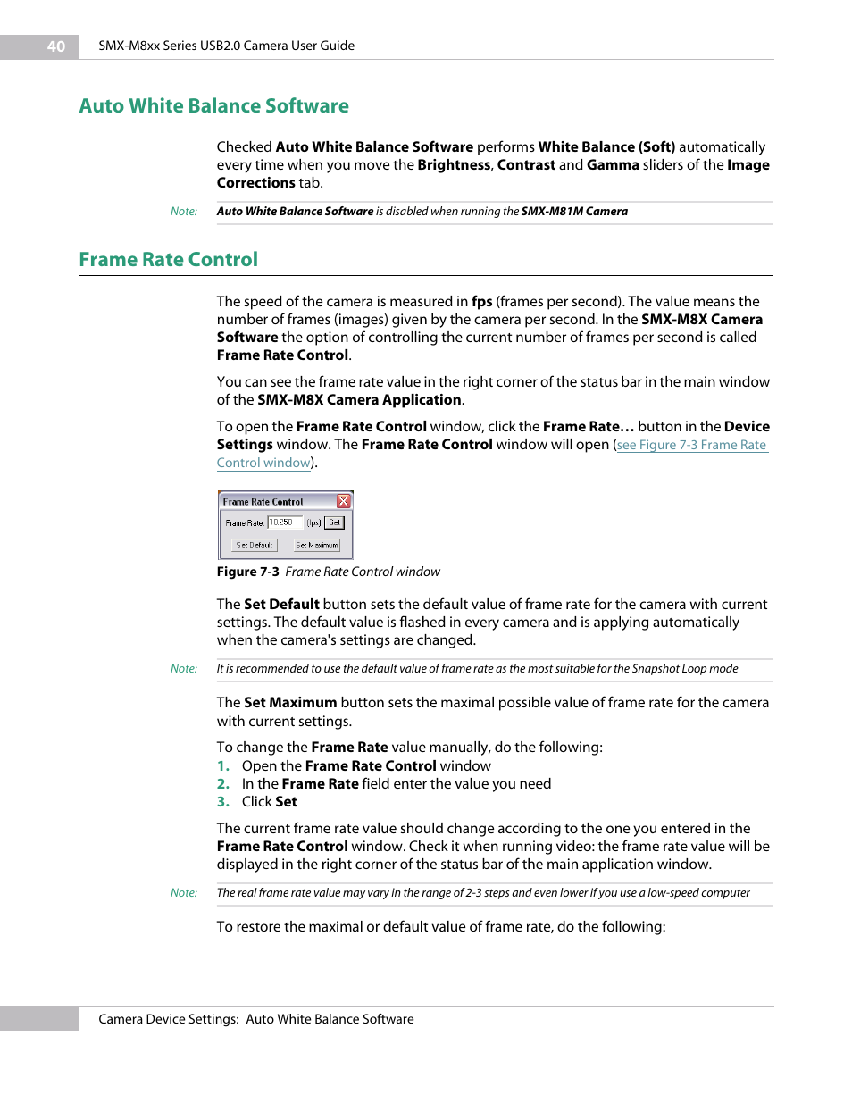 Auto white balance software, Frame rate control, See chapter “frame | Rate control, Use the dropdown, See chapter “frame rate control, Decrease | Micron Technology USB Camera User Manual | Page 44 / 90