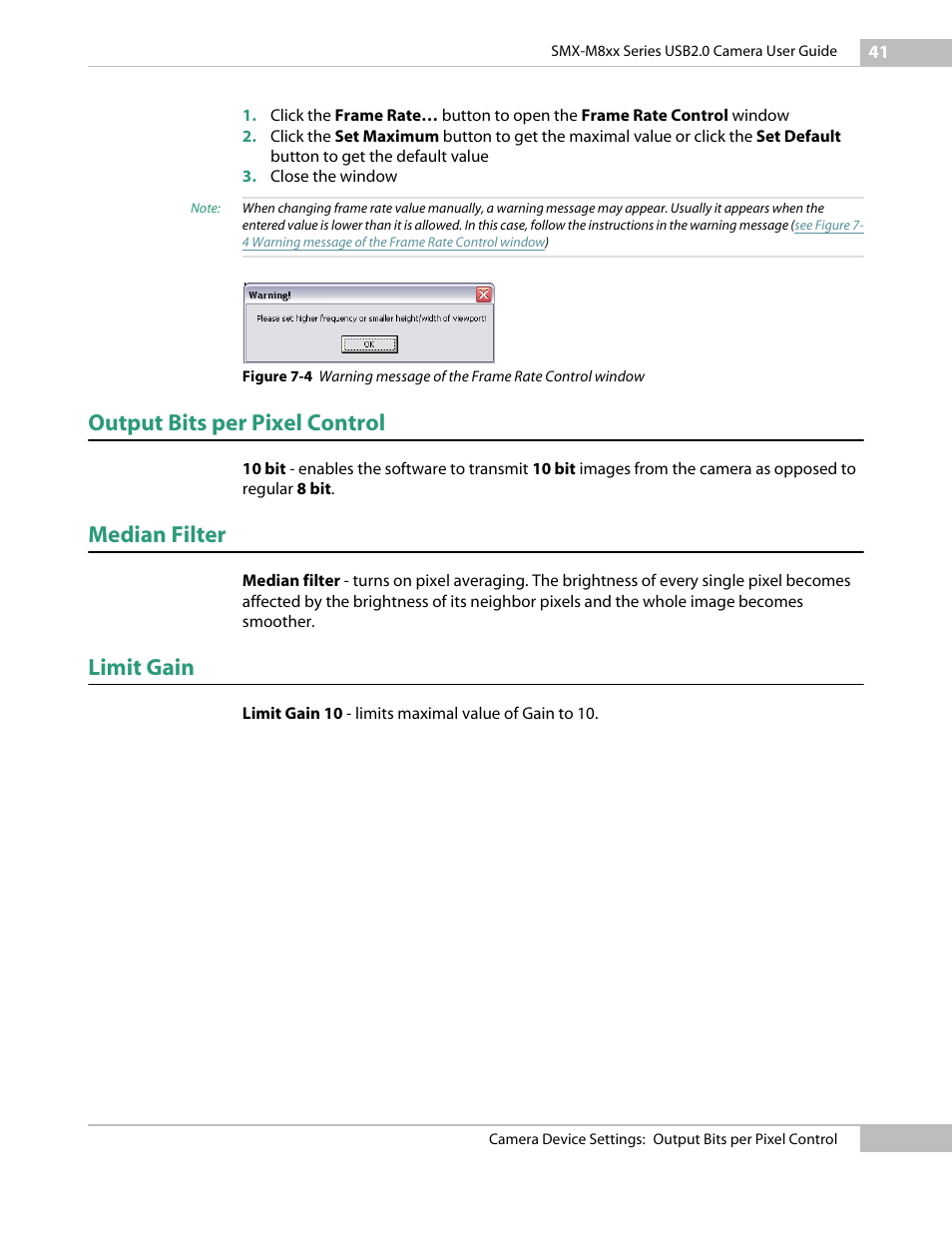 Output bits per pixel control, Median filter, Limit gain | Micron Technology USB Camera User Manual | Page 45 / 90