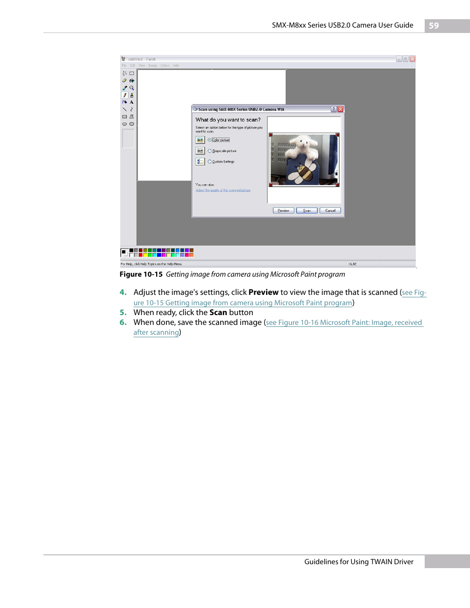 See figure 10-15 getting image from camera, Using microsoft paint program | Micron Technology USB Camera User Manual | Page 63 / 90