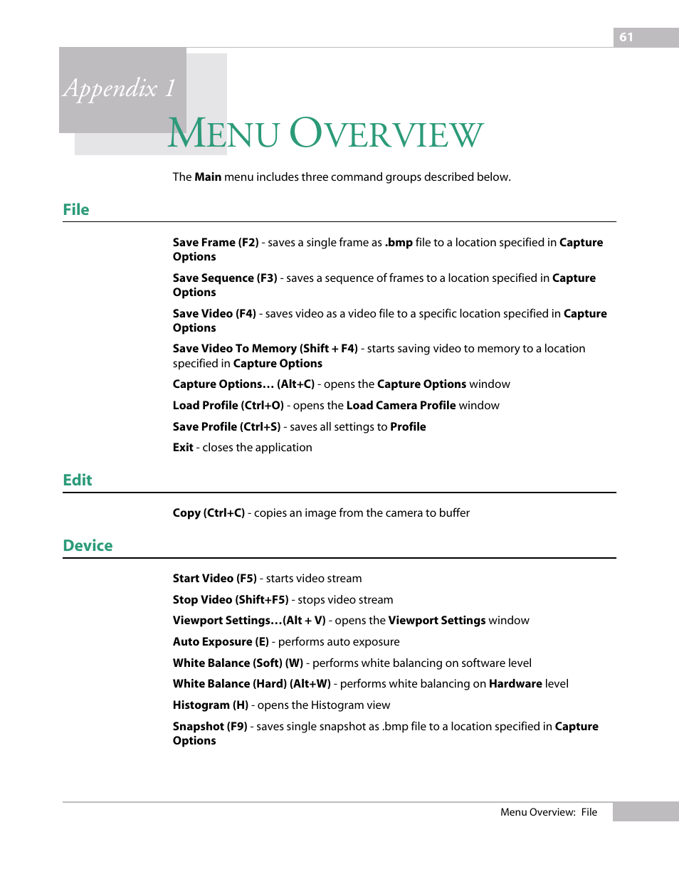 Menu overview, File, Edit | Device, Appendix 1 menu overvie, Verview, Appendix 1 | Micron Technology USB Camera User Manual | Page 65 / 90