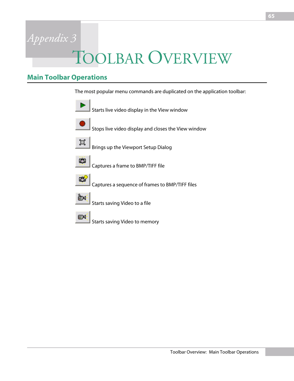 Toolbar overview, Main toolbar operations, Appendix 3 to | Oolbar, Verview, Appendix 3 | Micron Technology USB Camera User Manual | Page 69 / 90