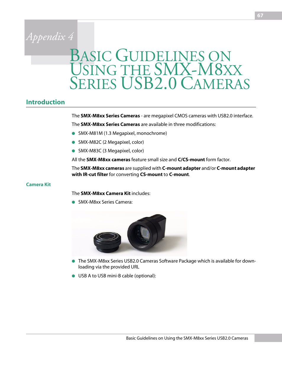 Introduction, Camera kit, Appendix 4 basic gu | Smx-m8, Usb2.0 c, Asic, Uidelines, Sing, Eries, Ameras | Micron Technology USB Camera User Manual | Page 71 / 90