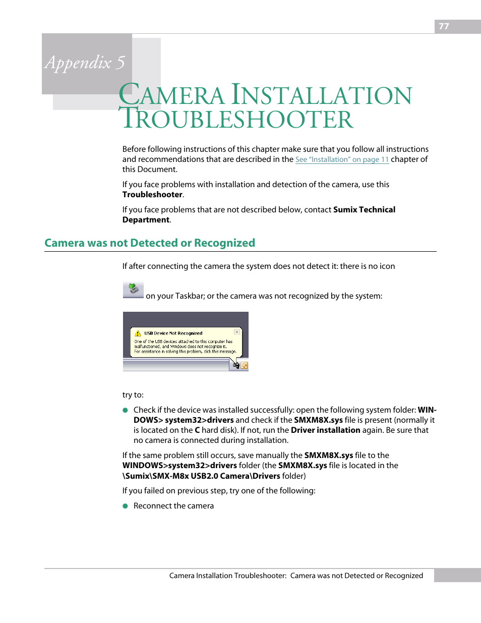Camera installation troubleshooter, Camera was not detected or recognized, Appendix 5 camera | Amera, Nstallation, Roubleshooter, Appendix 5 | Micron Technology USB Camera User Manual | Page 81 / 90