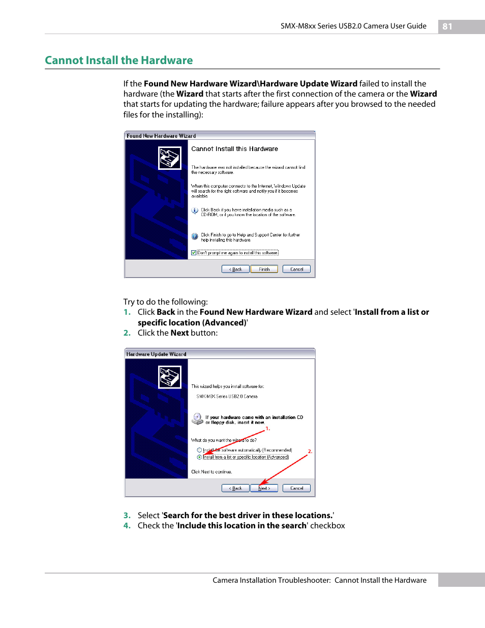 Cannot install the hardware, See chapter “cannot install the hardware | Micron Technology USB Camera User Manual | Page 85 / 90
