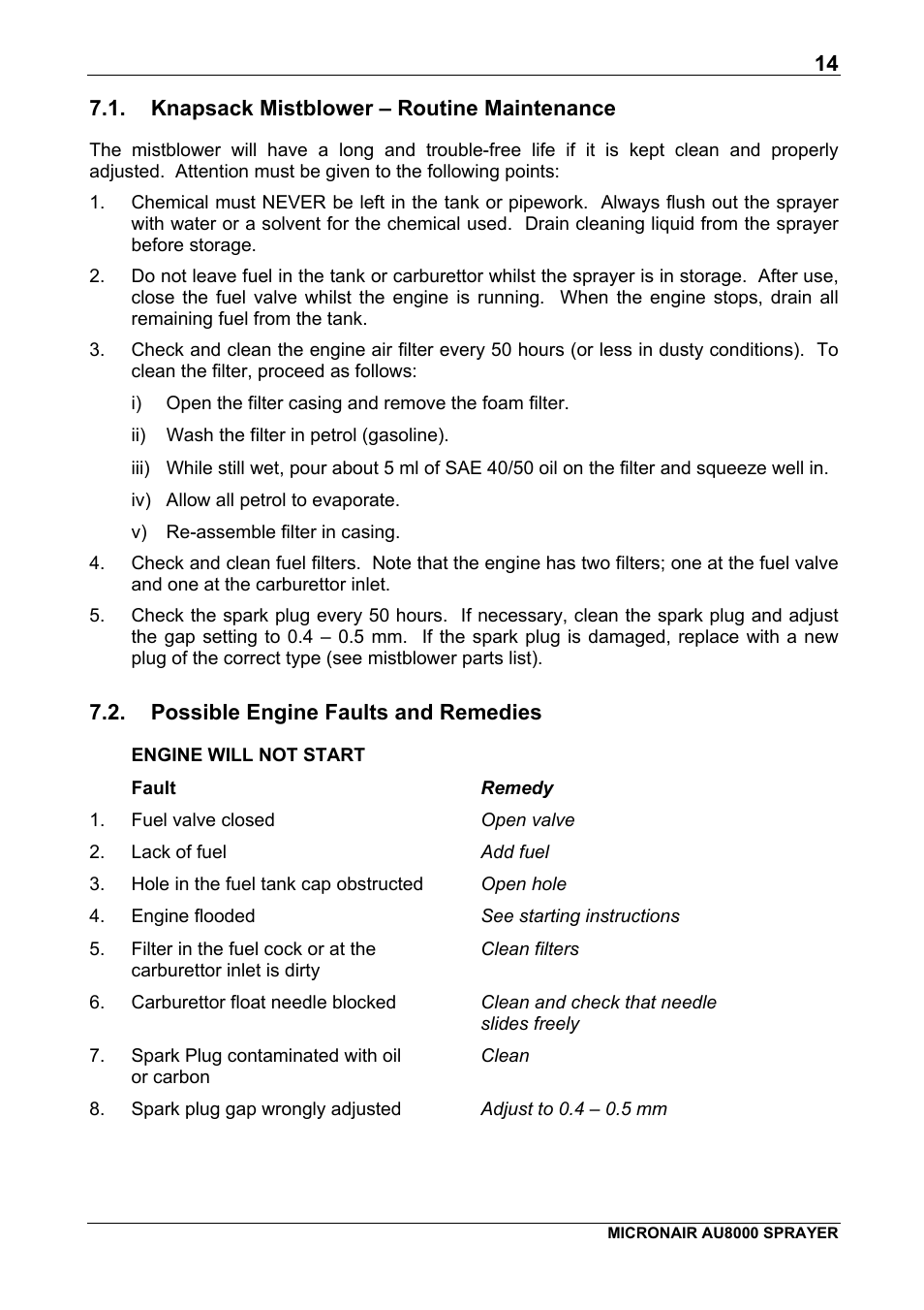 Knapsack mistblower – routine maintenance, Possible engine faults and remedies | Micron Technology AU8000 User Manual | Page 16 / 25