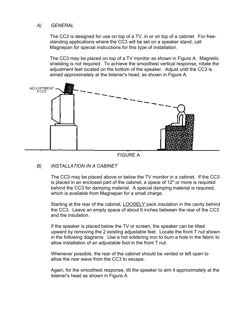 A) general, B) installation in a cabinet | Magnepan Magneplanar CC3 User Manual | Page 4 / 7