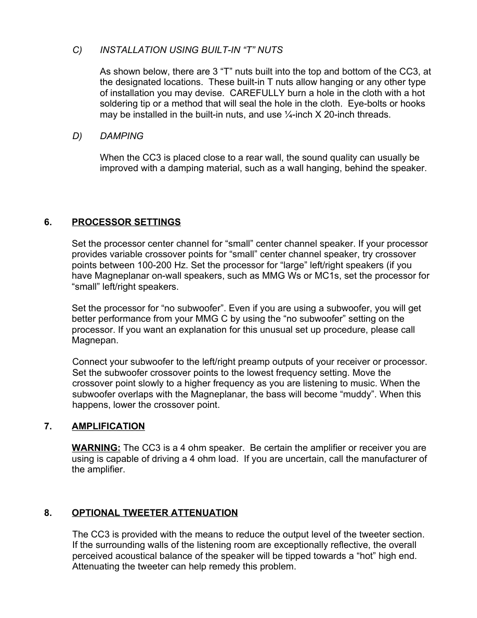 C) installation using built-in “t” nuts, D) damping, Processor settings | Amplification, Optional tweeter attenuation | Magnepan Magneplanar CC3 User Manual | Page 5 / 7