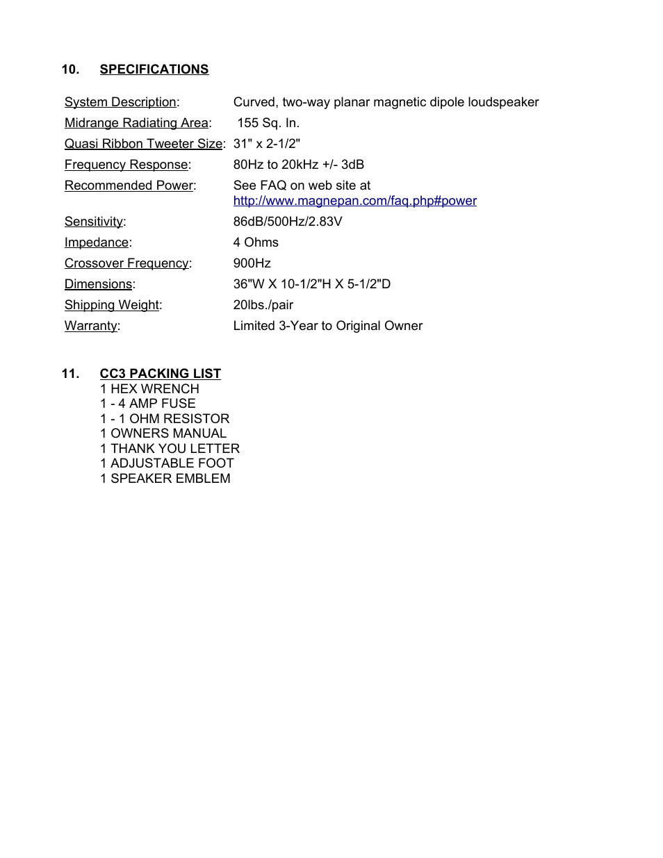 Specifications, Cc3 packing list | Magnepan Magneplanar CC3 User Manual | Page 7 / 7