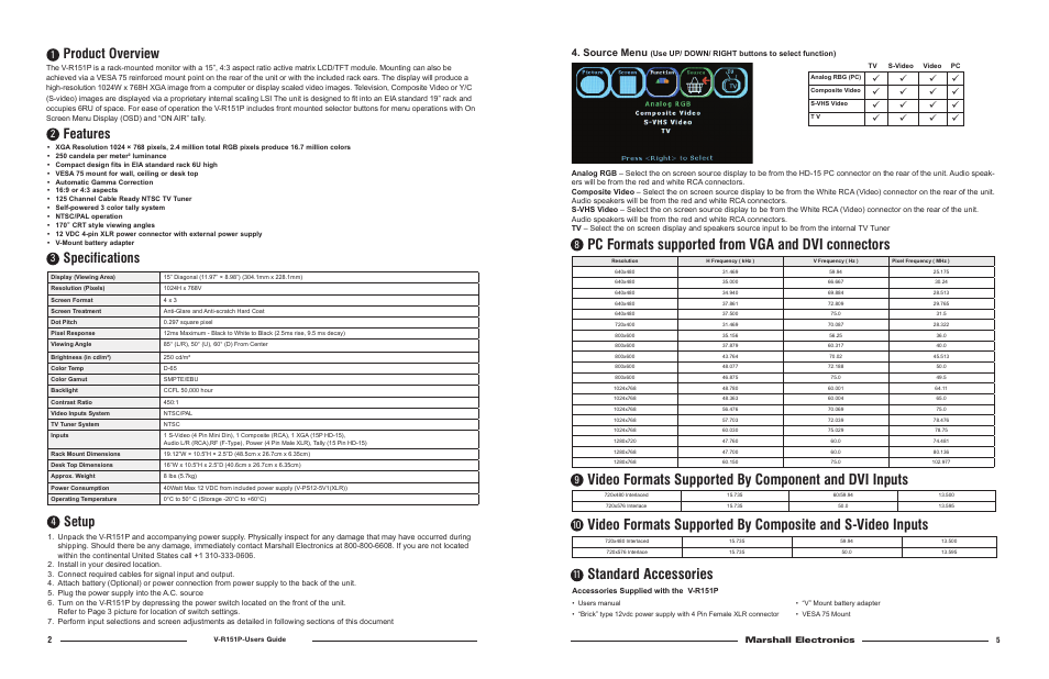 Standard accessories, Pc formats supported from vga and dvi connectors, Product overview | Features, Specifications, Setup, Source menu, Marshall electronics | Marshall electronic LCD Rack Mounted Monitor V-R151P User Manual | Page 4 / 4