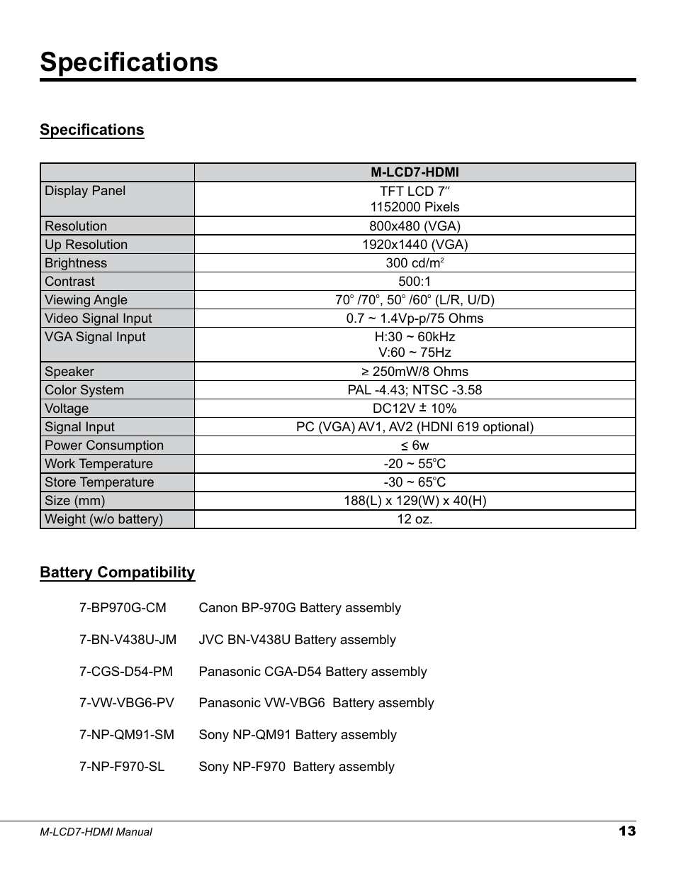Specifications, Battery compatibility | Marshall electronic M-LCD7-HDMI-B-CE6 User Manual | Page 13 / 16