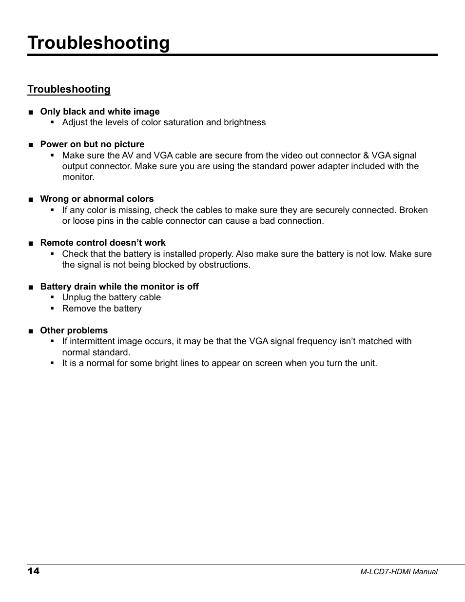 Troubleshooting | Marshall electronic M-LCD7-HDMI-B-CE6 User Manual | Page 14 / 16