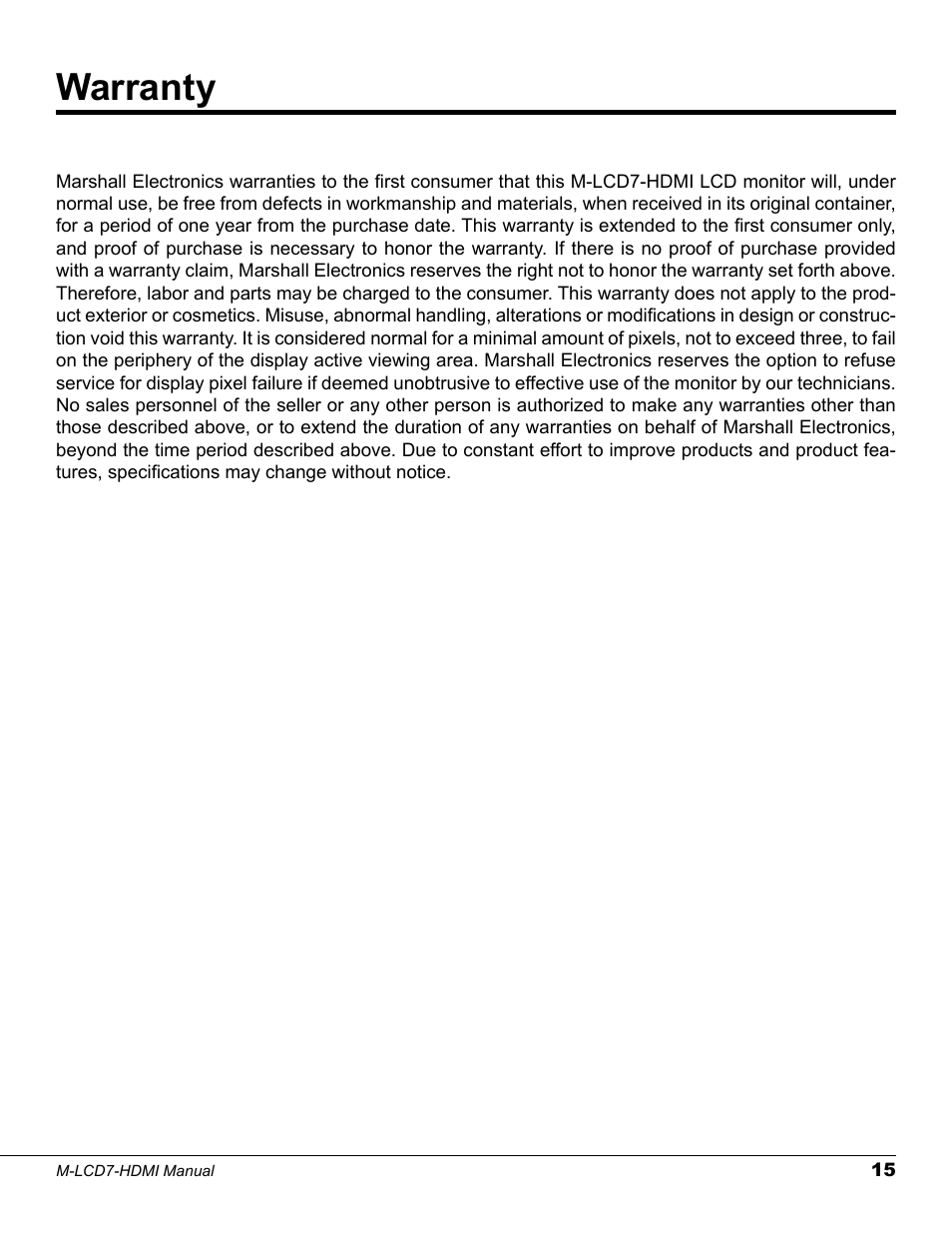 Warranty | Marshall electronic M-LCD7-HDMI-B-CE6 User Manual | Page 15 / 16