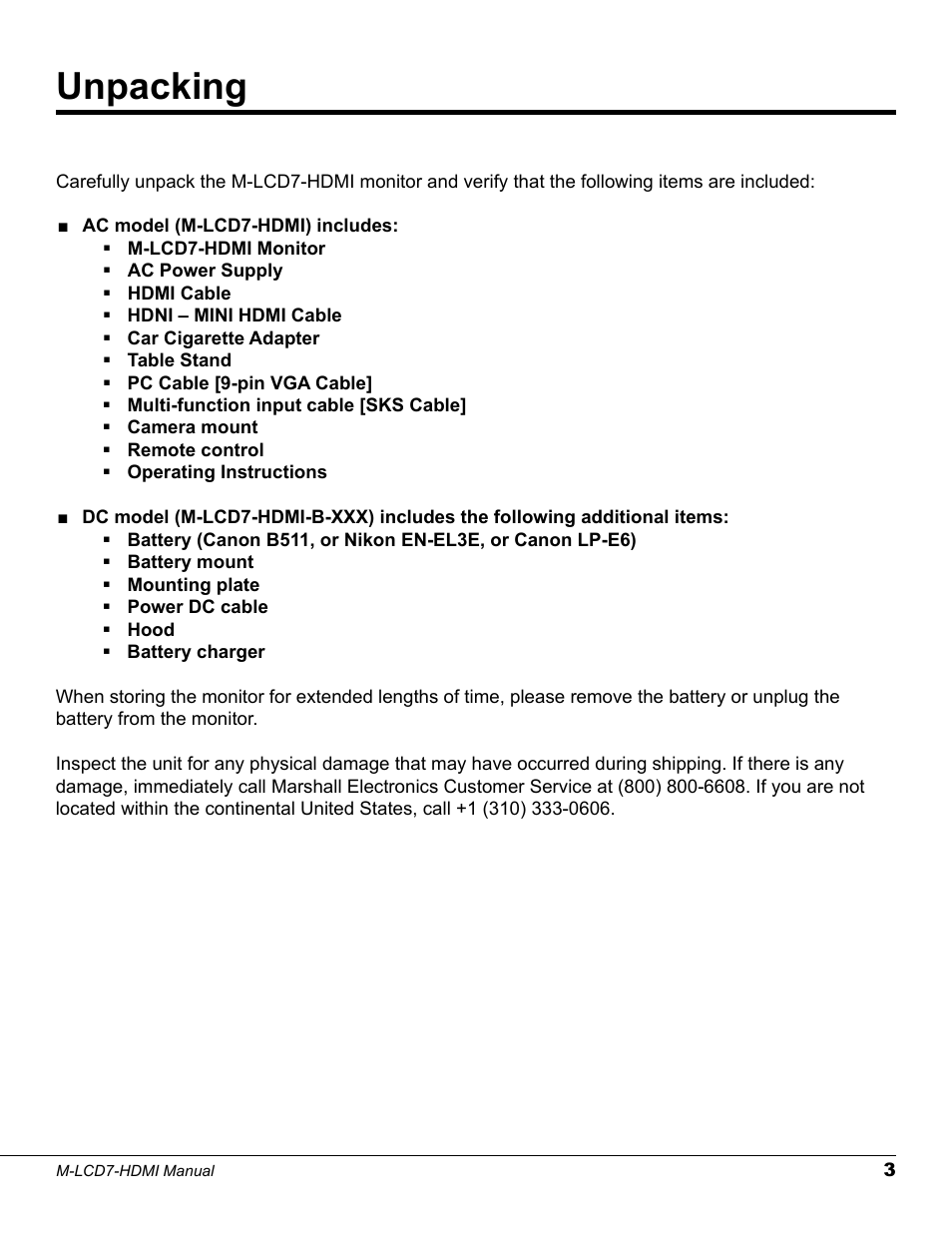 Unpacking | Marshall electronic M-LCD7-HDMI-B-CE6 User Manual | Page 3 / 16