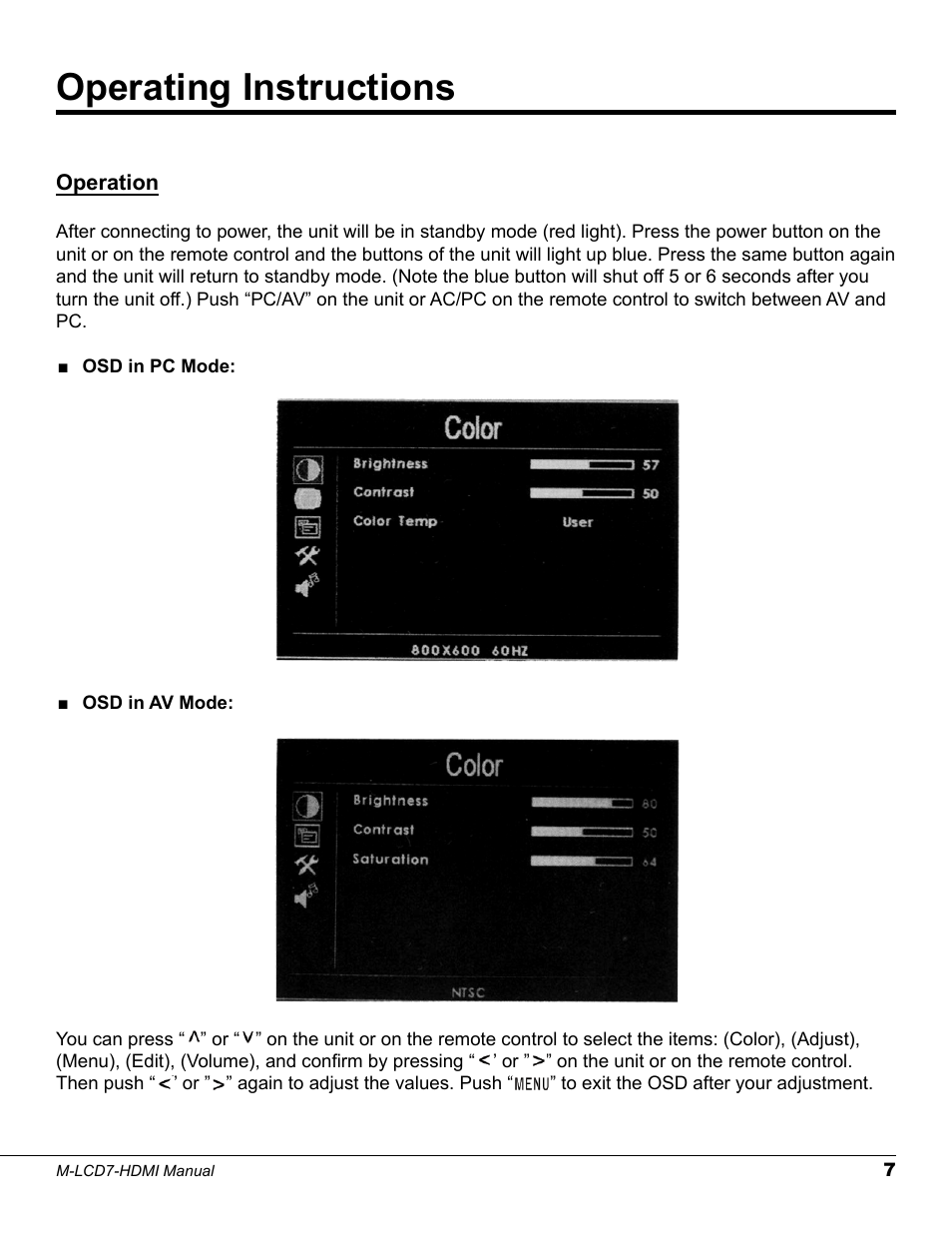 Operating instructions | Marshall electronic M-LCD7-HDMI-B-CE6 User Manual | Page 7 / 16