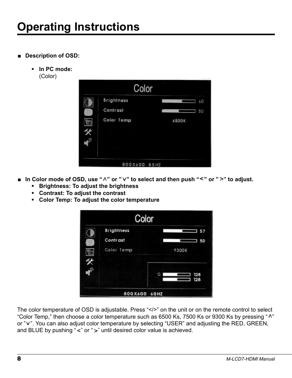 Operating instructions | Marshall electronic M-LCD7-HDMI-B-CE6 User Manual | Page 8 / 16