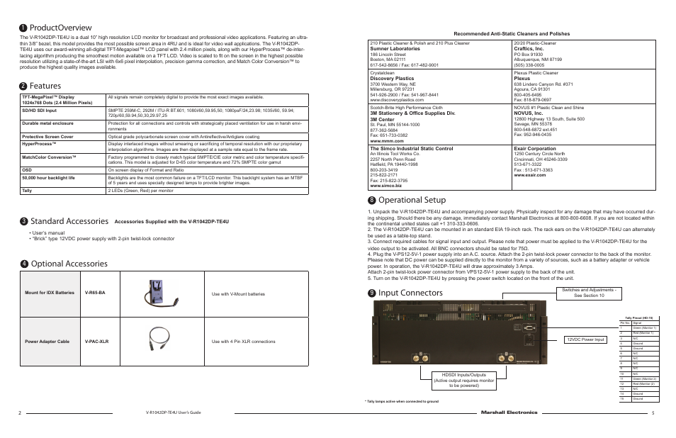 Product overview, Features, Optional accessories | Standard accessories, Operational setup, Input connectors | Marshall electronic V-R1042DP-TE4U User Manual | Page 2 / 4