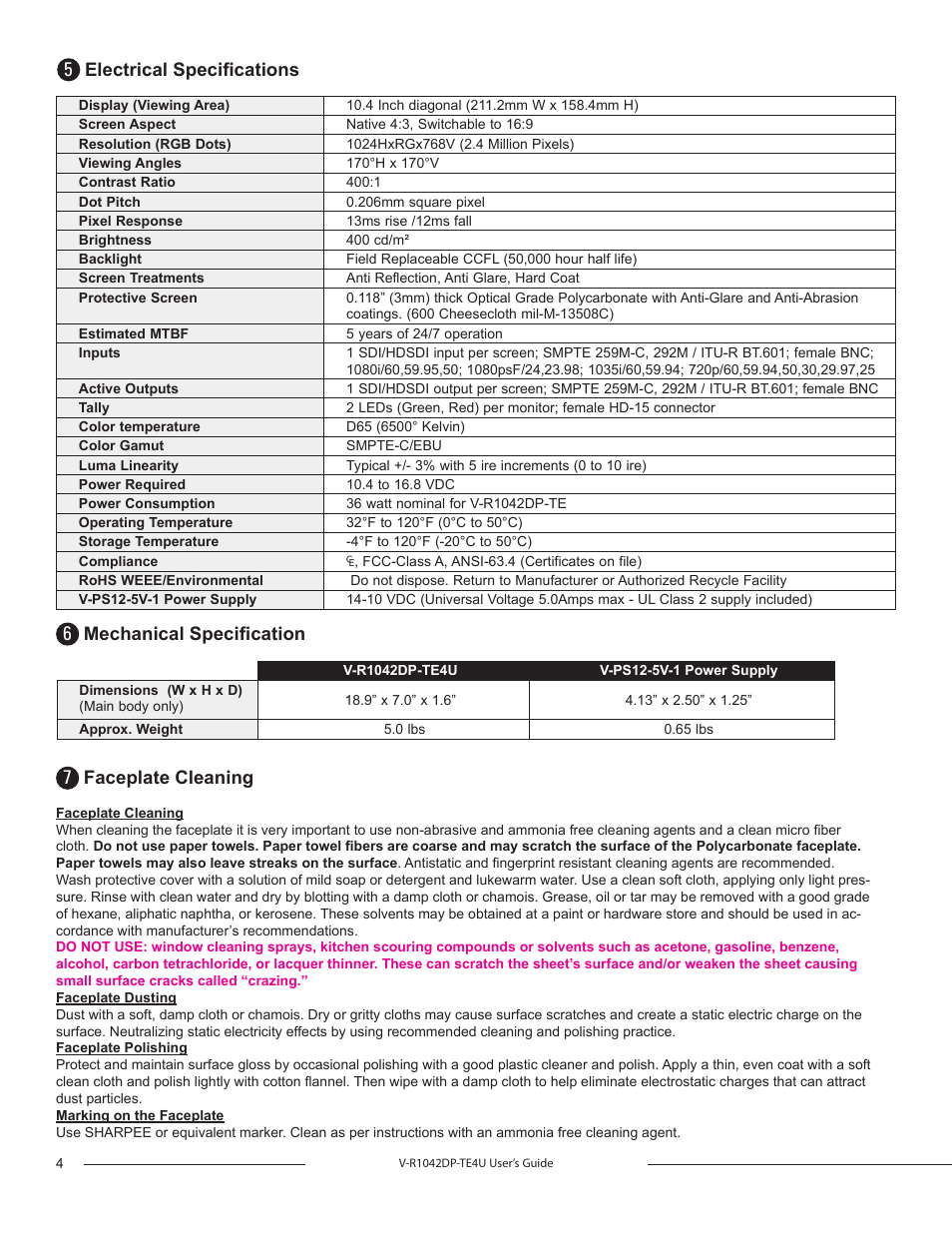Electrical specifications, Mechanical specification, Faceplate cleaning | Marshall electronic V-R1042DP-TE4U User Manual | Page 4 / 4