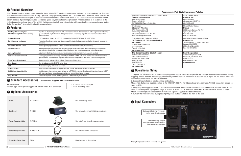 Product overview, Features, Optional accessories | Standard accessories, Operational setup, Input connectors | Marshall electronic V-R84DP-2SDI User Manual | Page 2 / 4