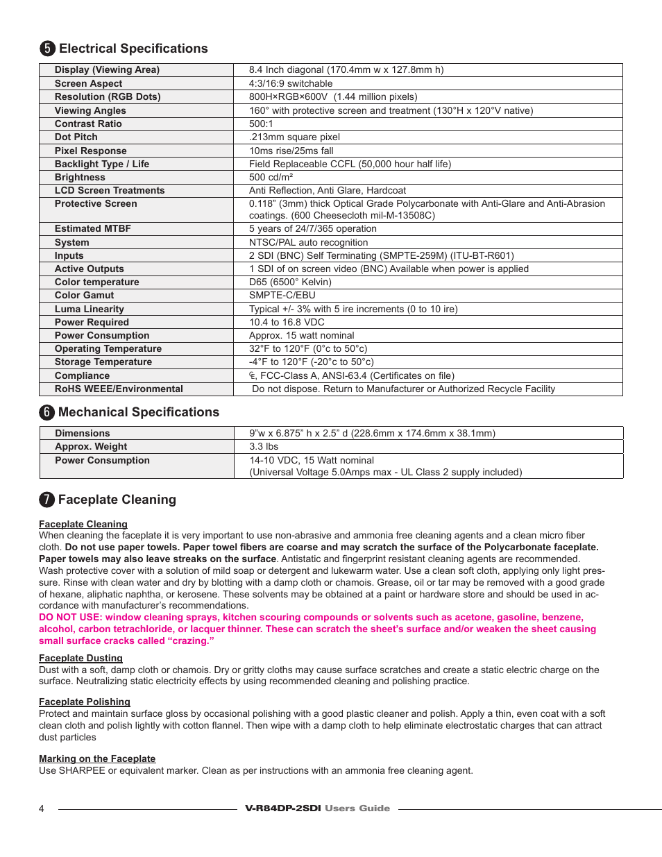 Electrical specifi cations, Mechanical specifi cations, Faceplate cleaning | Marshall electronic V-R84DP-2SDI User Manual | Page 4 / 4