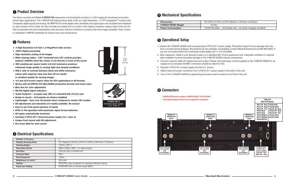 Product overview, Features, Electrical specifications | Mechanical specifications, Operational setup, Connectors | Marshall electronic BEAUTY HP6328.01 User Manual | Page 2 / 2