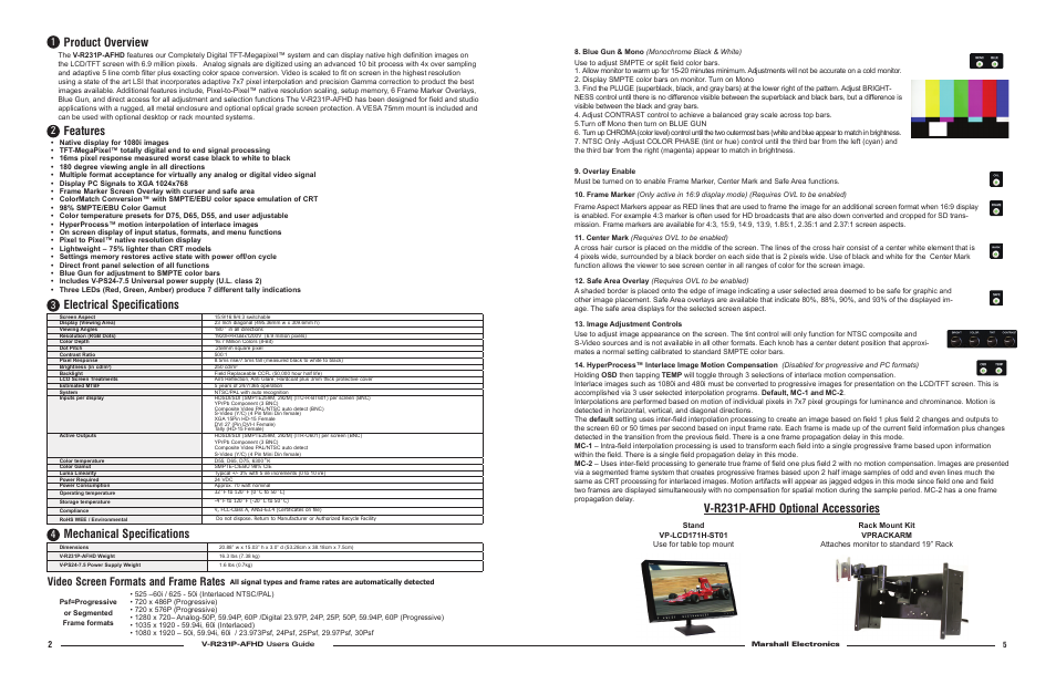 Product overview, Features, Electrical specifications | V-r231p-afhd optional accessories, Mechanical specifications, Video screen formats and frame rates | Marshall electronic V-R231P-AFHD User Manual | Page 2 / 4