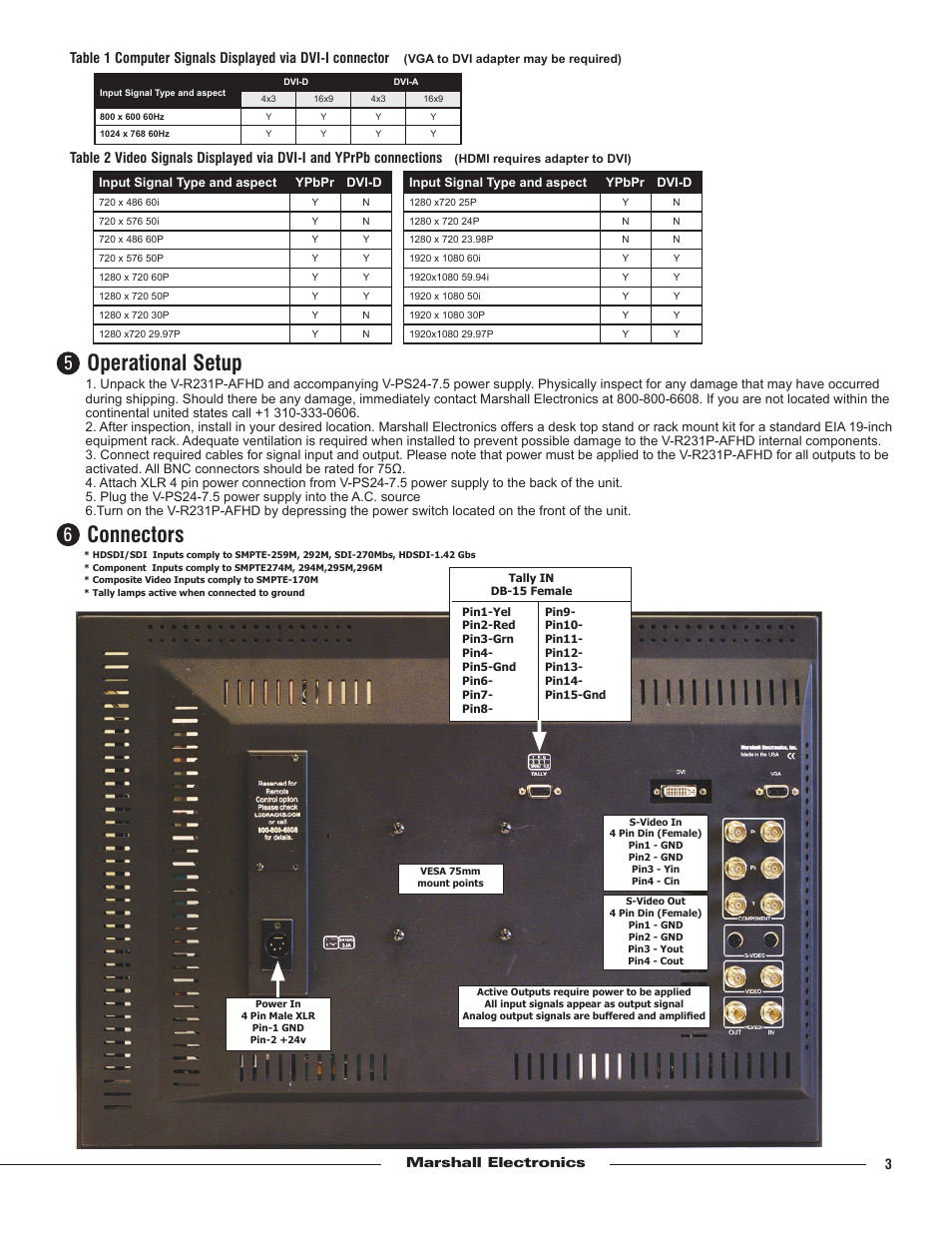 Operational setup, Connectors | Marshall electronic V-R231P-AFHD User Manual | Page 3 / 4