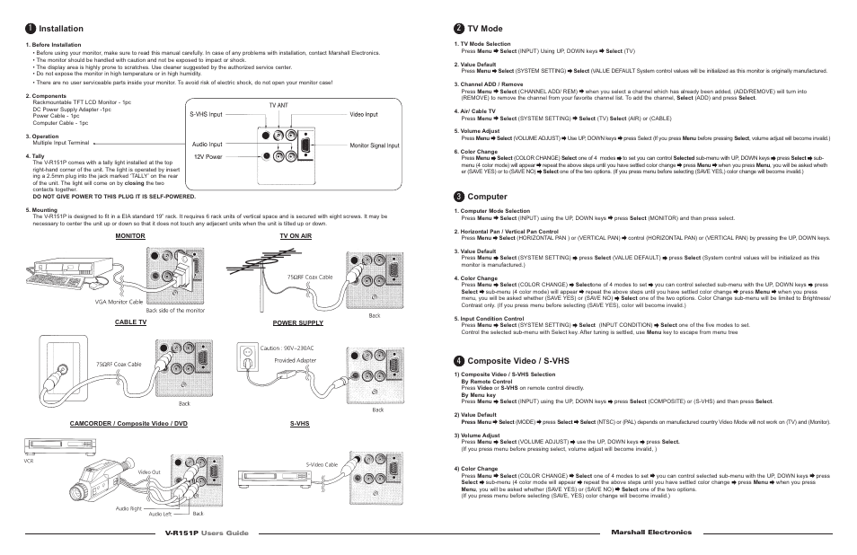 Installation, Tv mode, Computer | Composite video / s-vhs | Marshall electronic V-R151P User Manual | Page 2 / 2