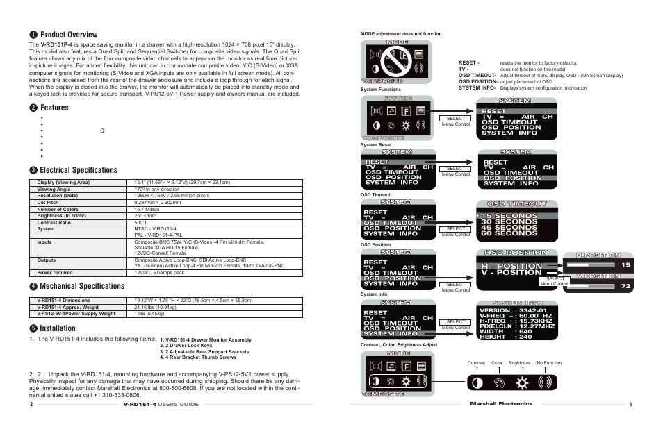 Product overview, Features, Electrical specifications | Mechanical specifications, Installation | Marshall electronic V-RD151-4 User Manual | Page 2 / 4