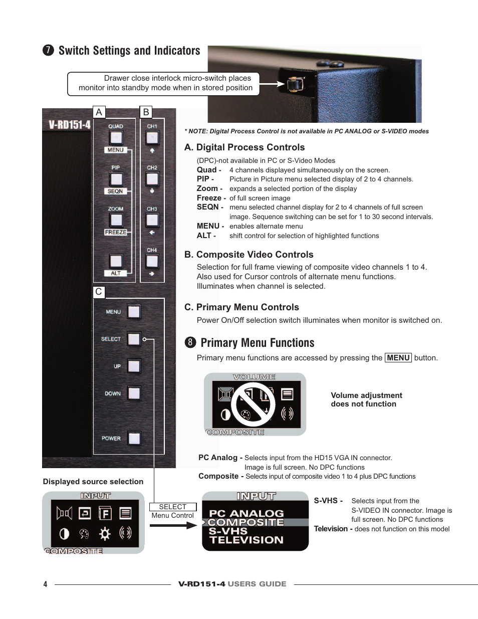 Switch settings and indicators, Primary menu functions | Marshall electronic V-RD151-4 User Manual | Page 4 / 4