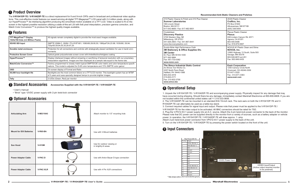 Product overview, Features, Optional accessories | Standard accessories, Operational setup, Input connectors | Marshall electronic V-R1041DP-TE User Manual | Page 2 / 4