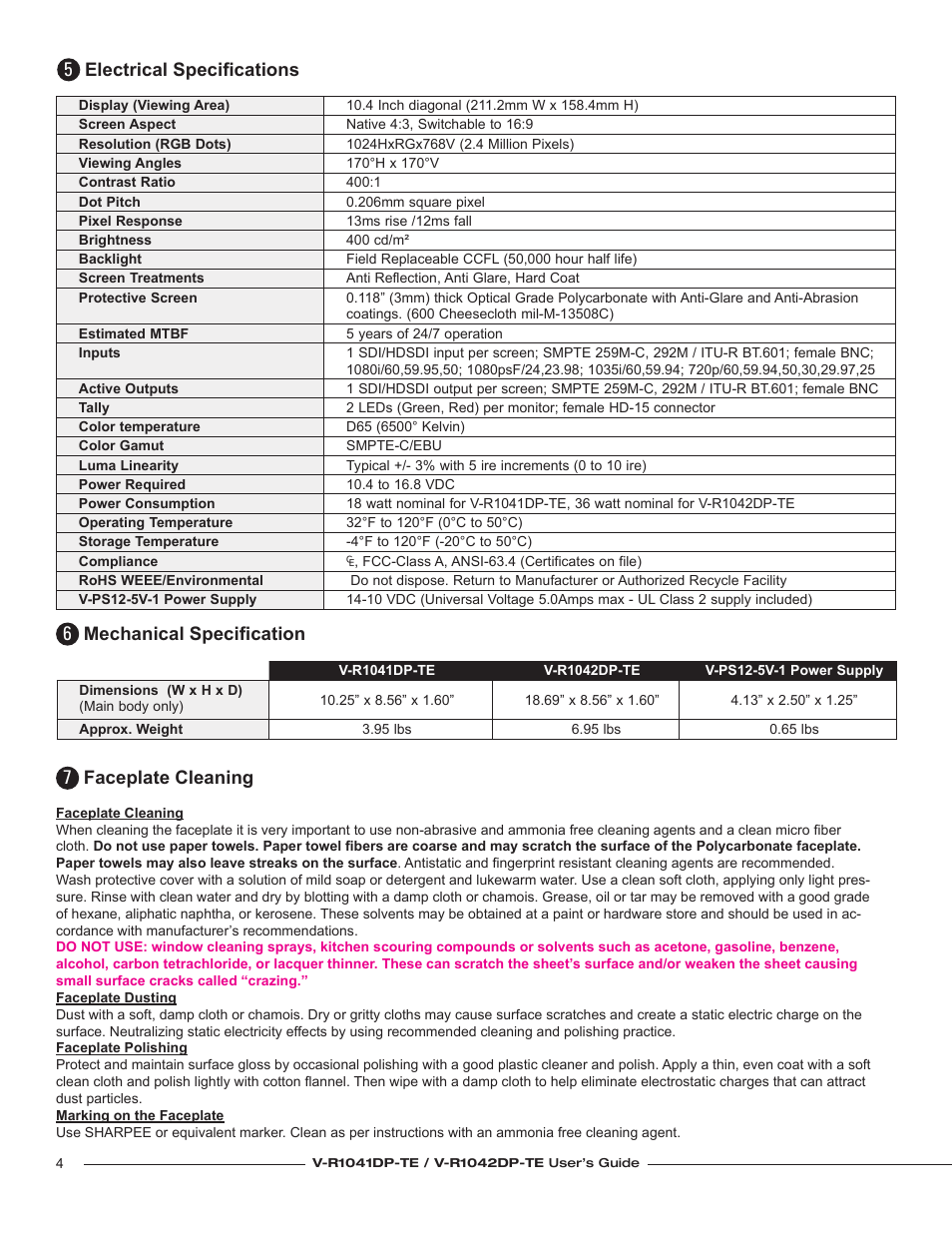 Electrical specifi cations, Mechanical specifi cation, Faceplate cleaning | Marshall electronic V-R1041DP-TE User Manual | Page 4 / 4