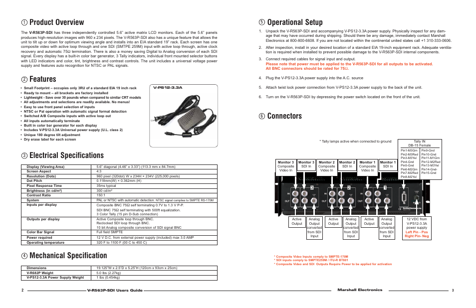 Product overview, Features electrical specifications, Mechanical specification | Operational setup, Connectors | Marshall electronic V-R563P-SDI User Manual | Page 2 / 2