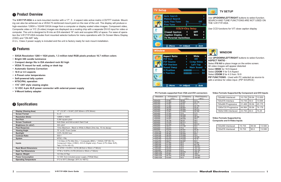 Product overview, Features, Specifications | Tv setup, Window | Marshall electronic V-R171P-HDAV-R171P-HDA User Manual | Page 2 / 6