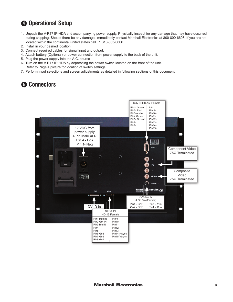 Operational setup, Connectors | Marshall electronic V-R171P-HDAV-R171P-HDA User Manual | Page 3 / 6