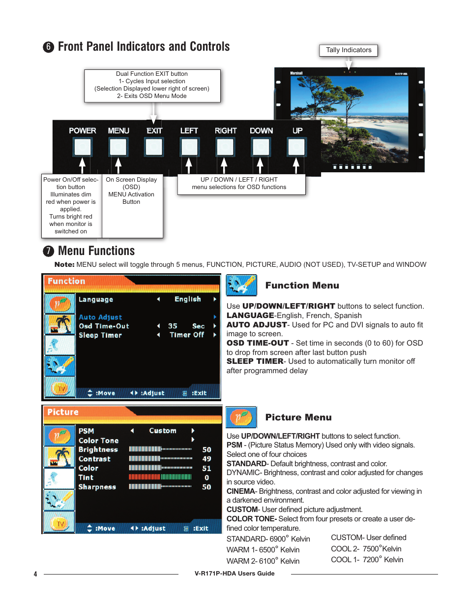 Front panel indicators and controls, Menu functions | Marshall electronic V-R171P-HDAV-R171P-HDA User Manual | Page 4 / 6