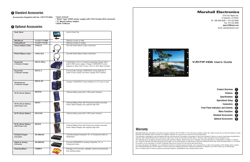 Marshall electronics, Warranty, Standard accessories | Optional accessories | Marshall electronic V-R171P-HDAV-R171P-HDA User Manual | Page 6 / 6