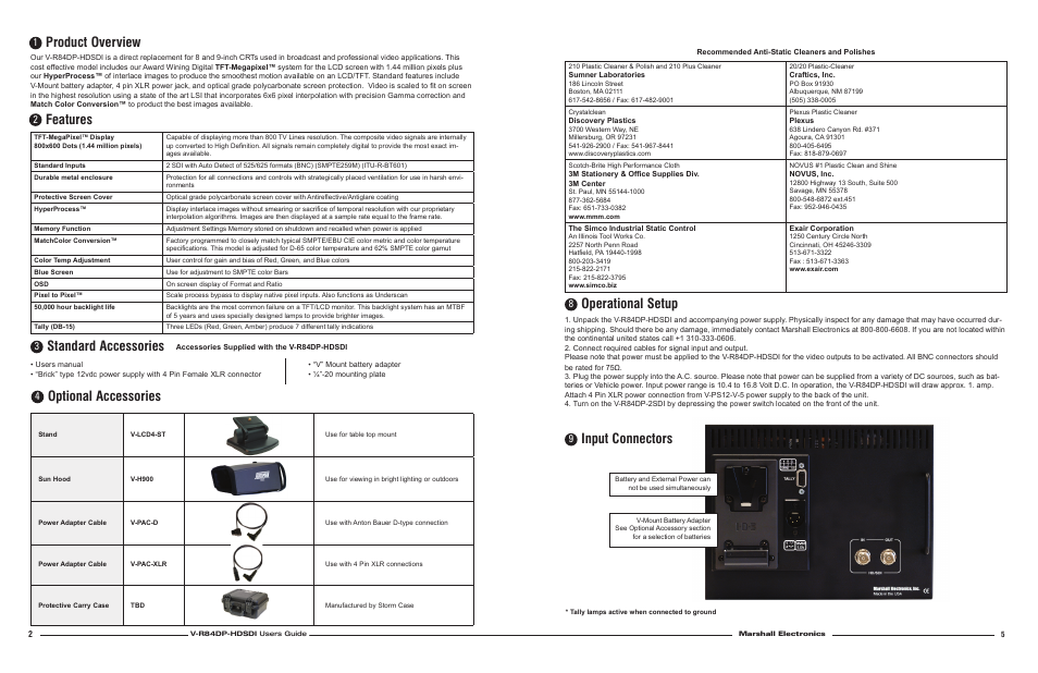 Product overview, Features, Optional accessories | Standard accessories, Operational setup, Input connectors | Marshall electronic V-R84DP-HDSDI User Manual | Page 2 / 4