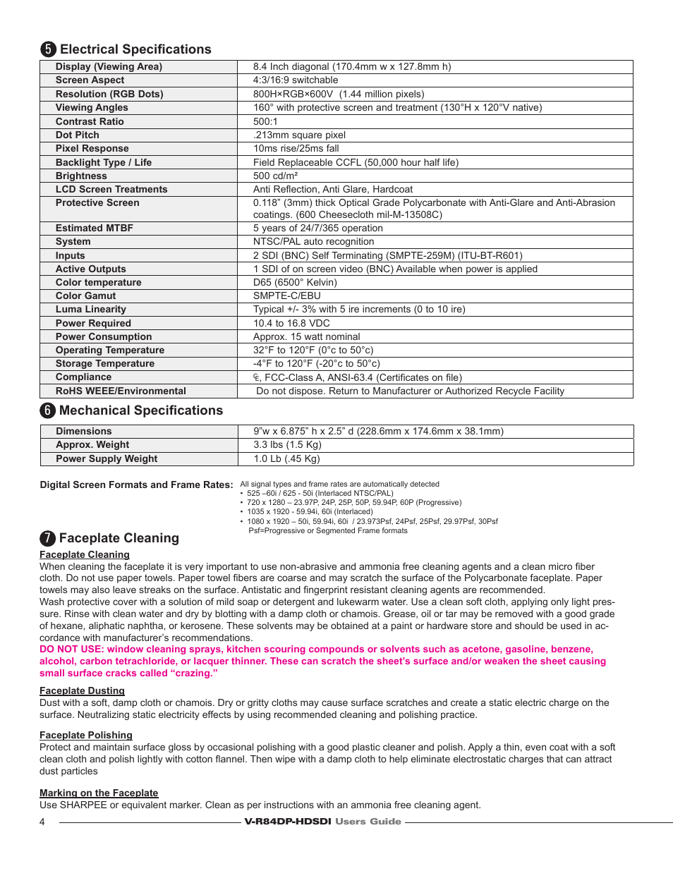 Electrical specifi cations, Mechanical specifi cations, Faceplate cleaning | Marshall electronic V-R84DP-HDSDI User Manual | Page 4 / 4