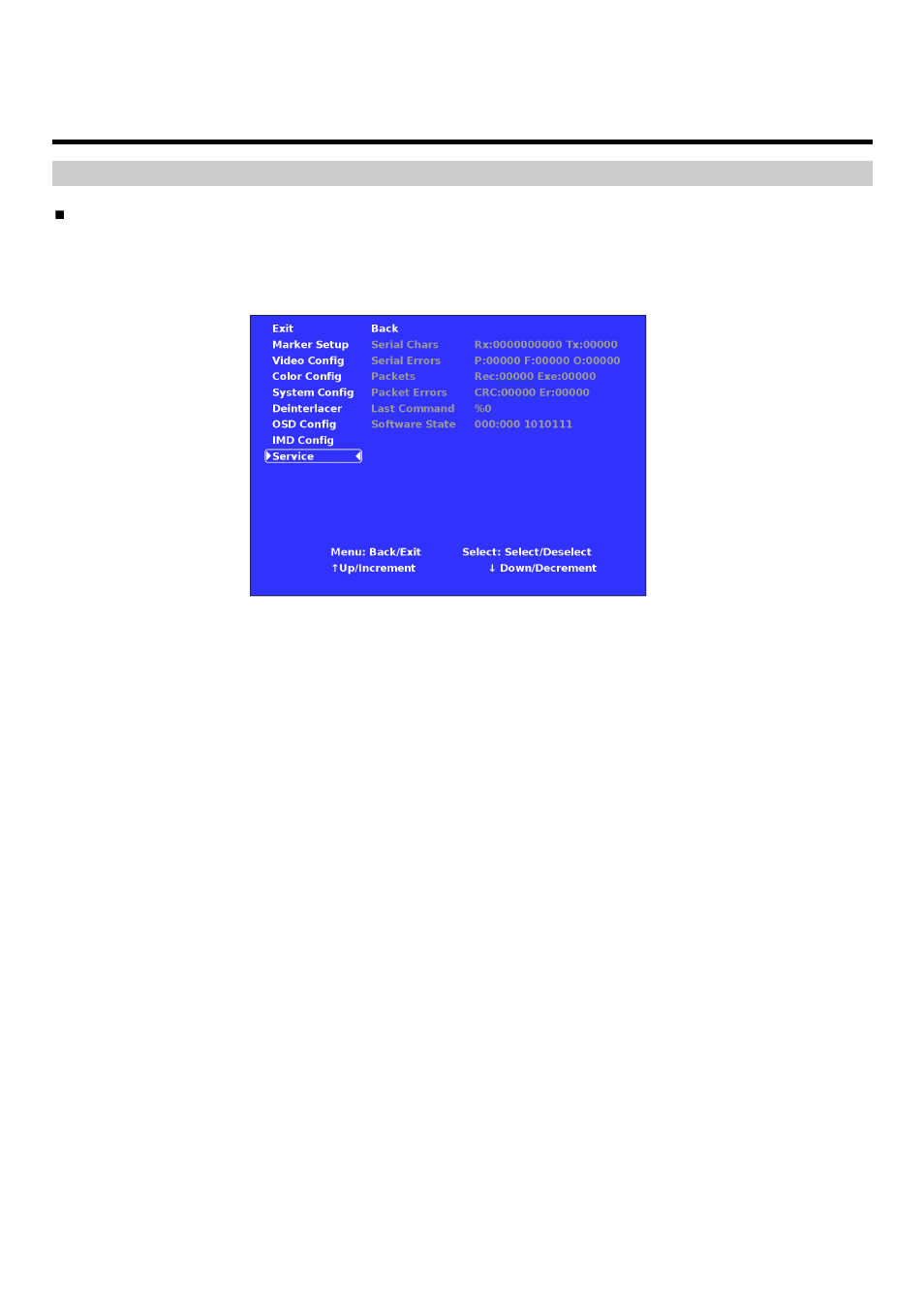 On-screen menu (continued), Service submenu | Marshall electronic V-R171X-IMD-HDSDI User Manual | Page 25 / 28