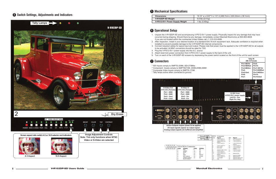 Operational setup, Connectors, Mechanical specifications | Switch settings, adjustments and indicators, Dry erase, Tally lamps, V-r82dp-hd users guide marshall electronics, V-r102dp-sd users guide marshall electronics, Vga/xga connector | Marshall electronic V-R102DP-SD User Manual | Page 3 / 4