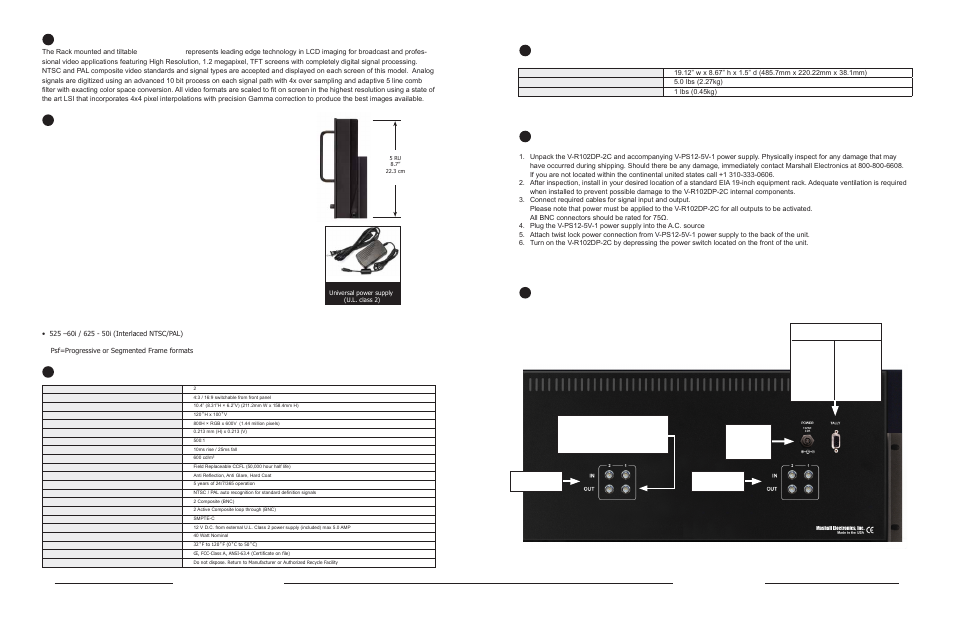 Product overview, Features, Electrical specifications | Mechanical specifications, Operational setup, Connectors, Analog and digital screen formats and frame rates | Marshall electronic V-R102DP-2C User Manual | Page 2 / 2