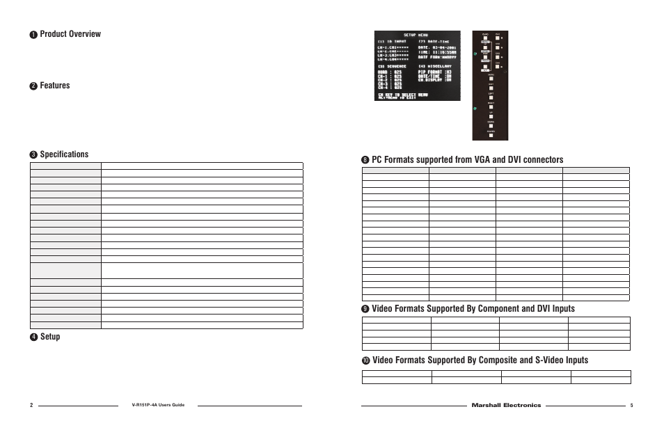 Pc formats supported from vga and dvi connectors, Product overview, Features | Specifications, Setup, Marshall electronics | Marshall electronic V-R151P-4A User Manual | Page 2 / 4