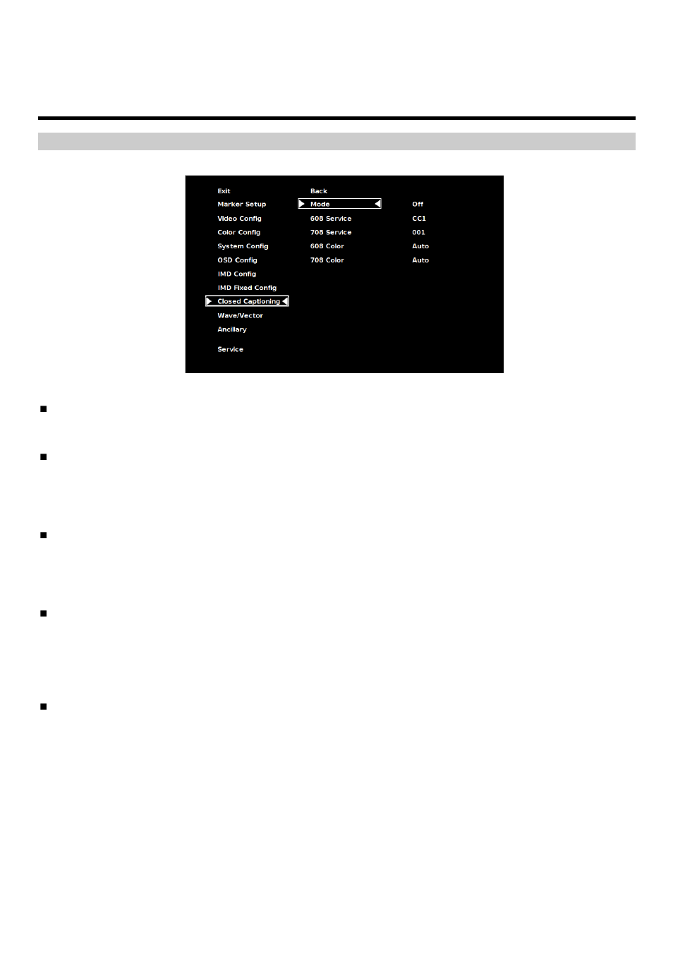 On-screen menu (continued), Closed captioning submenu | Marshall electronic V-R171X-DLW User Manual | Page 25 / 33