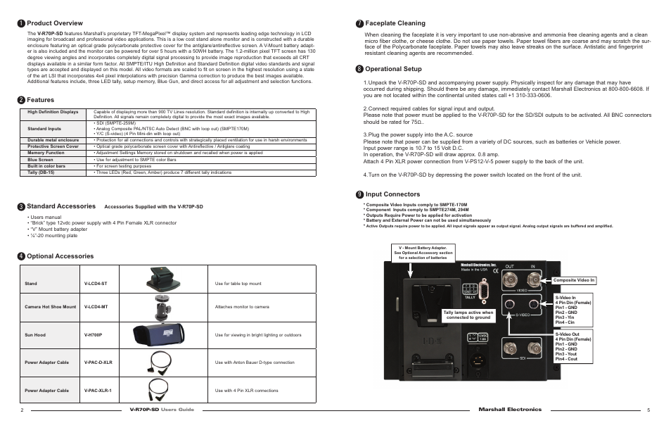 V-r70p-sd users guide02.pdf, Product overview, Features | Standard accessories, Optional accessories, Faceplate cleaning, Operational setup, Input connectors | Marshall electronic TFT-MegaPixel Monitor V-R70P-SD User Manual | Page 2 / 6
