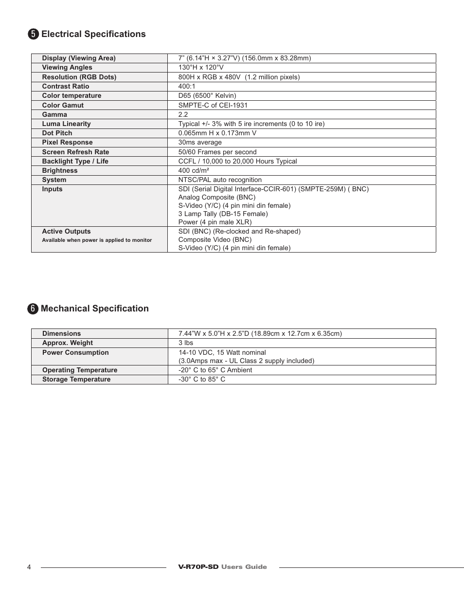 Electrical speciﬁ cations, Mechanical speciﬁ cation | Marshall electronic TFT-MegaPixel Monitor V-R70P-SD User Manual | Page 5 / 6