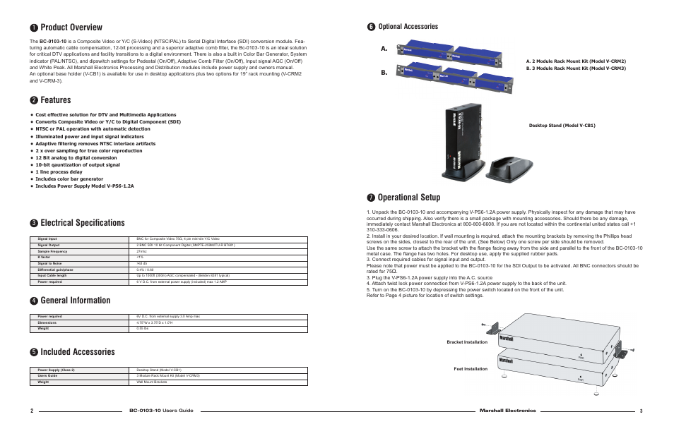 Product overview, Features, Electrical specifications | Operational setup, General information, Included accessories, Optional accessories, A. b | Marshall electronic BC-0103-10 User Manual | Page 2 / 2