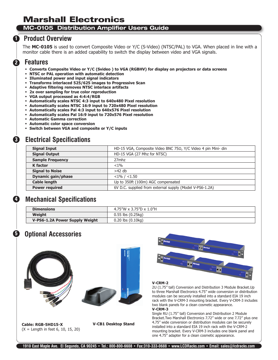 Marshall electronic OPTIONAL ACCESSORIES MC-0105 User Manual | 2 pages