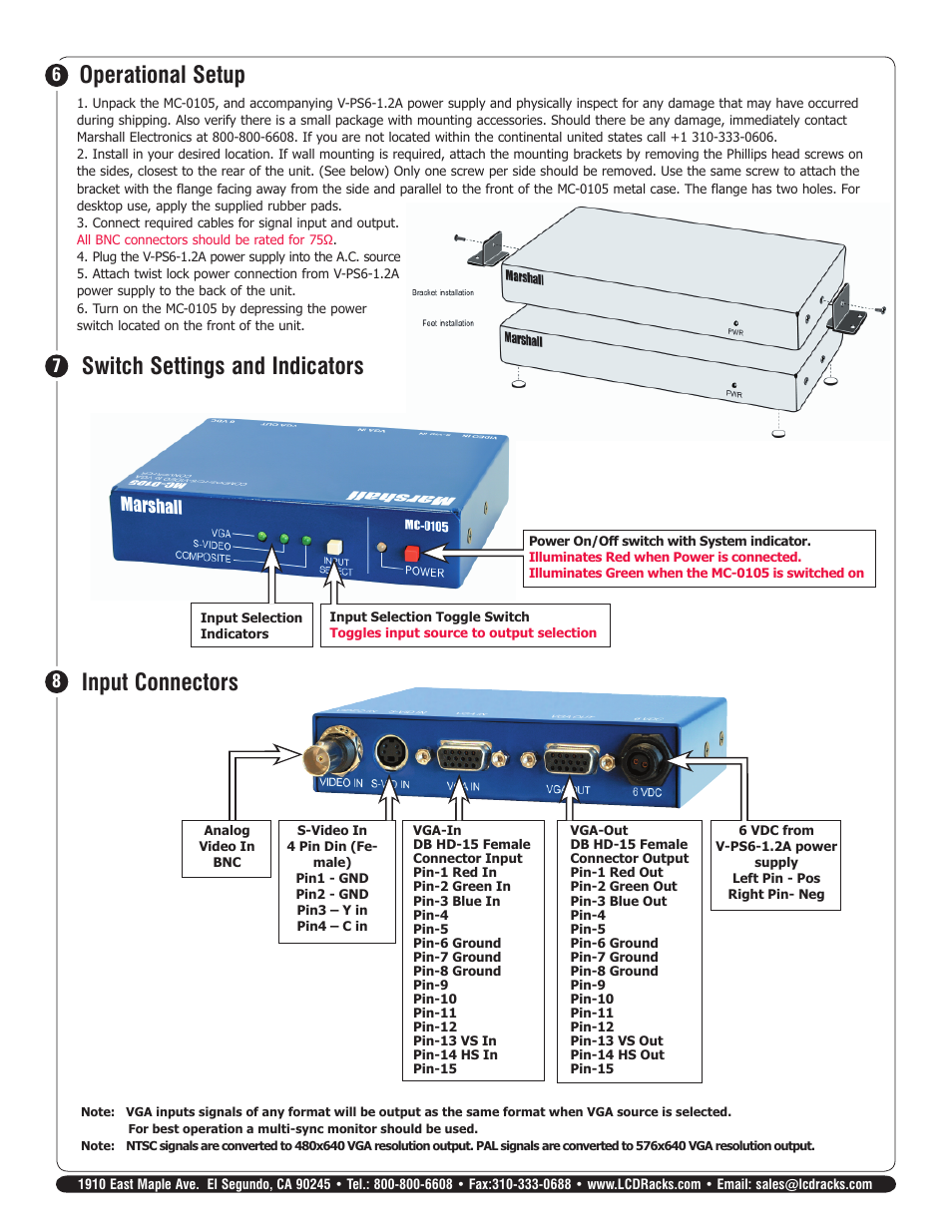 Switch settings and indicators, Operational setup, Input connectors | Marshall electronic OPTIONAL ACCESSORIES MC-0105 User Manual | Page 2 / 2