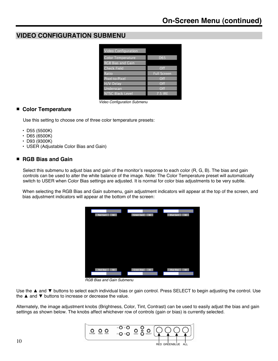 On-screen menu (continued), Video configuration submenu | Marshall electronic V-LCD70P-HDA User Manual | Page 10 / 20